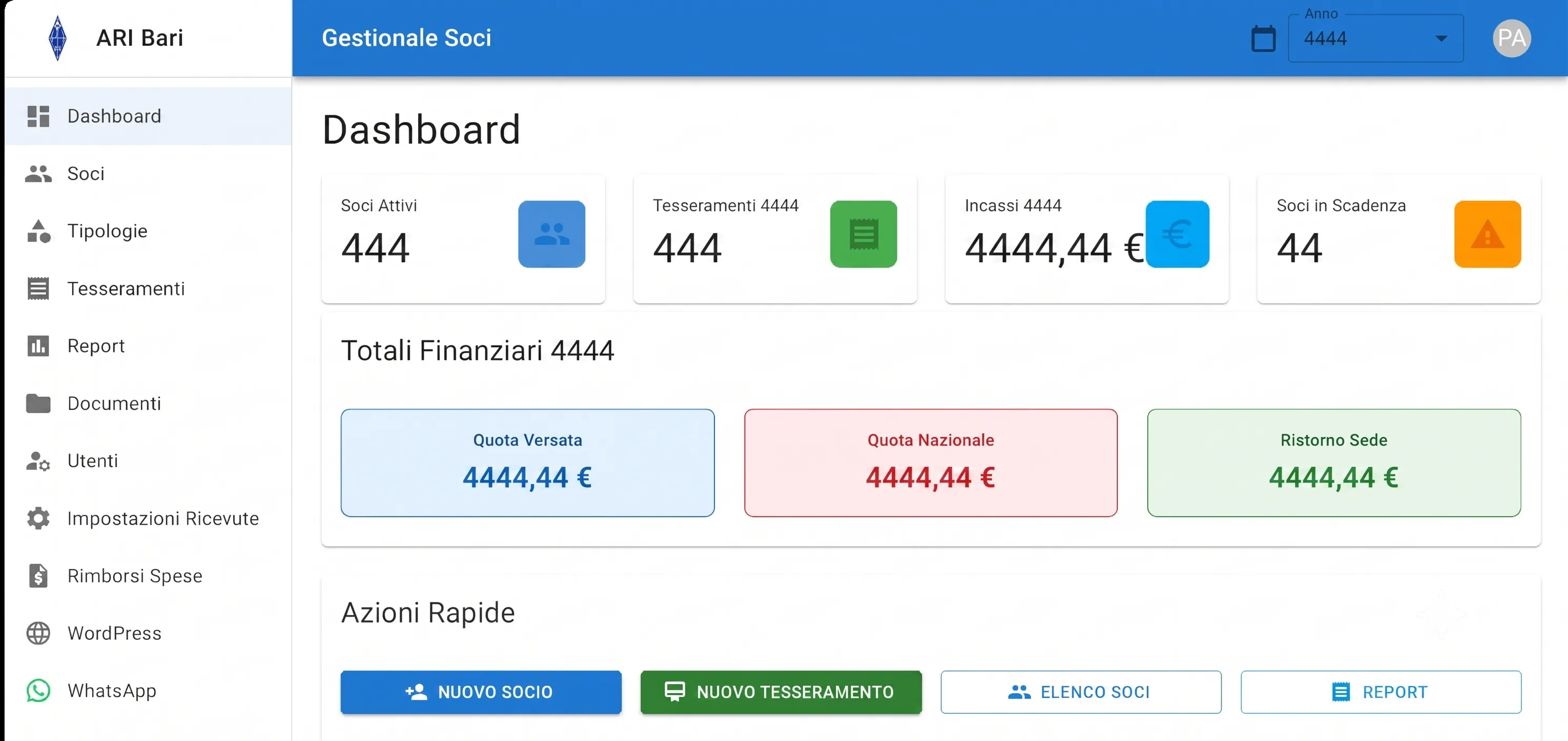 Dashboard del gestionale ARI Bari: soci attivi, tesseramenti 2026, incassi e ripartizione quote tra Quota Nazionale e Ristorno Sede