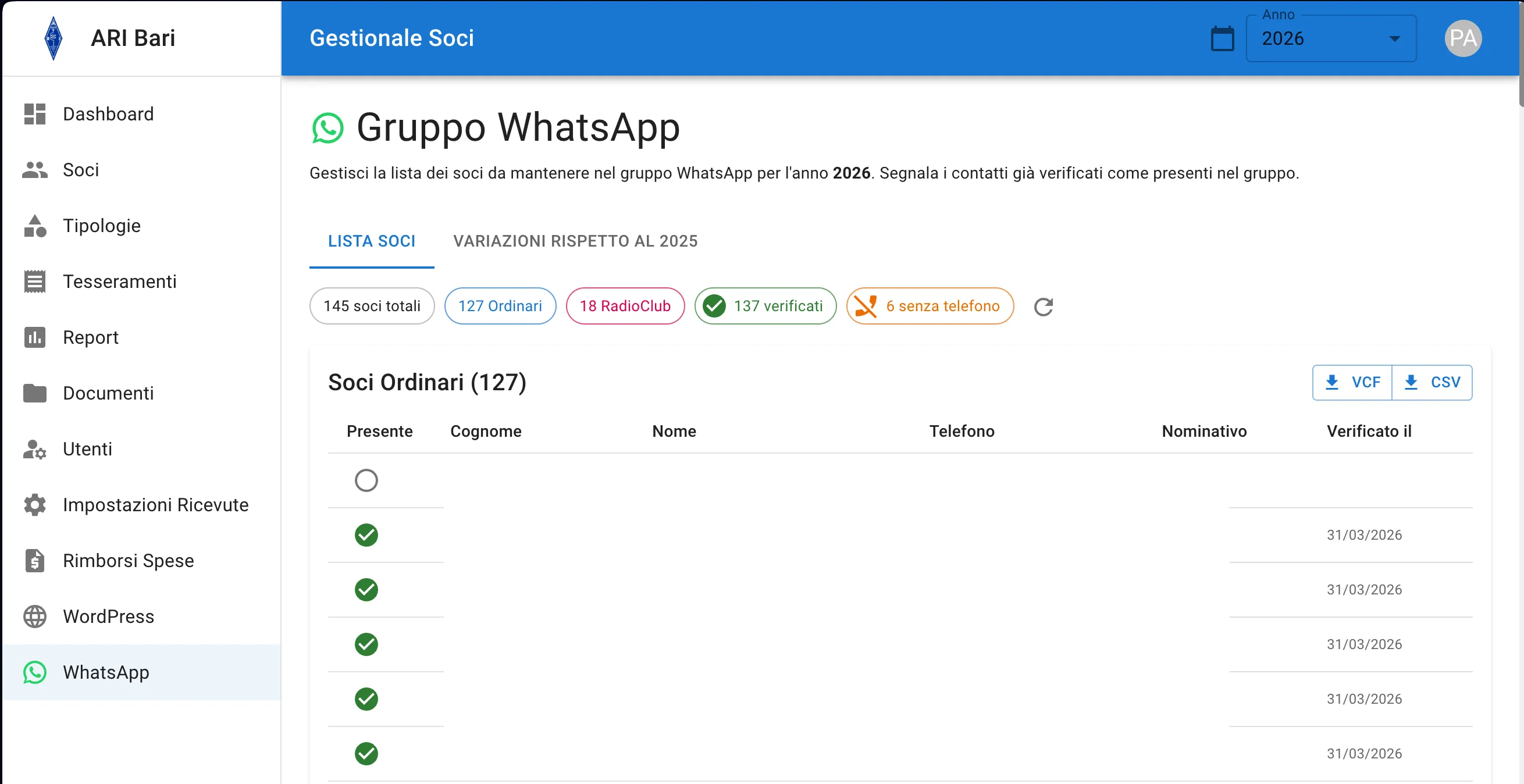 Sezione gestione gruppo WhatsApp del gestionale: lista soci con verifica presenza, nominativo radioamatoriale e pulsanti di export VCF e CSV