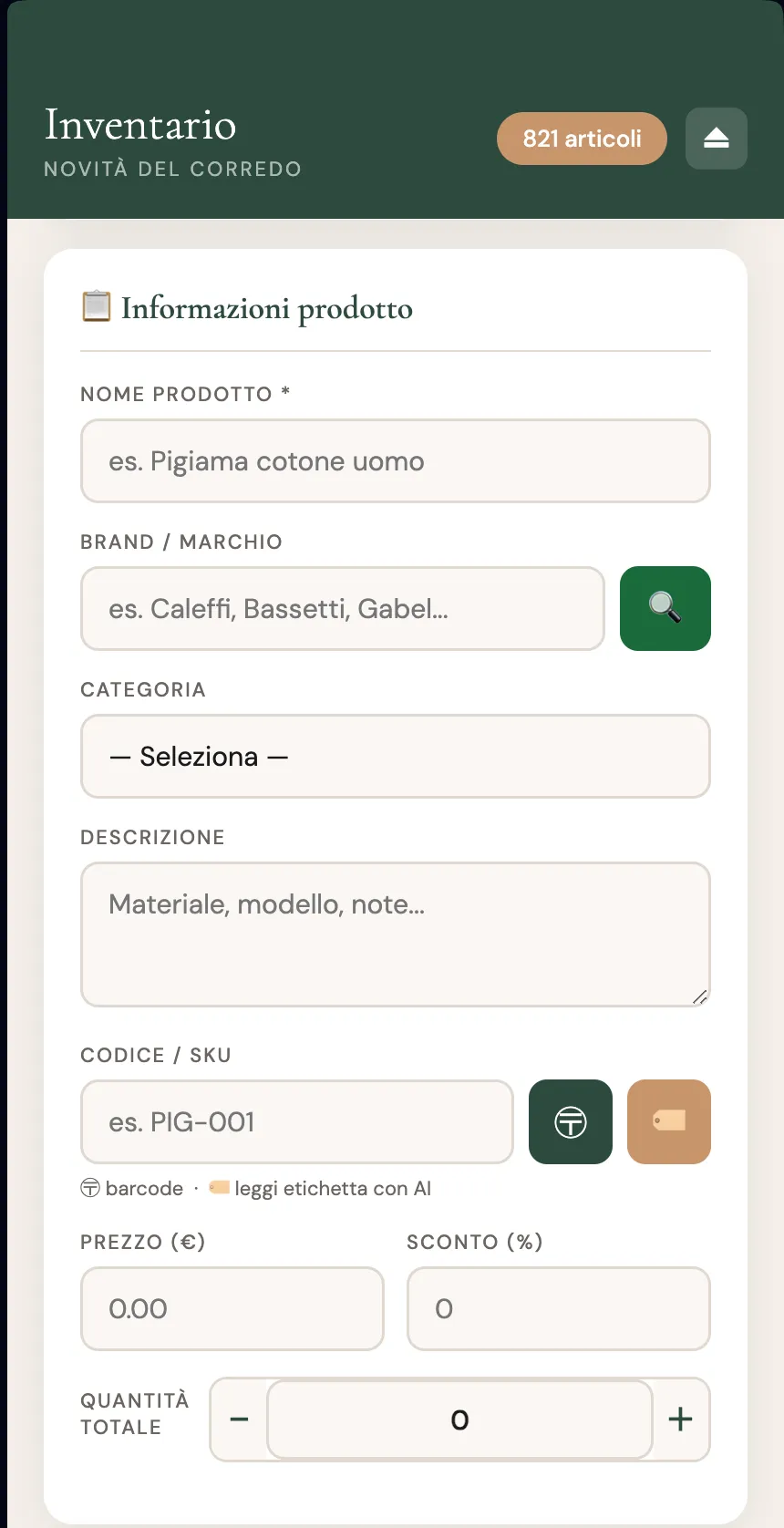 Form di inserimento prodotto nella PWA gestionale con il pulsante 'leggi etichetta con AI' attivo