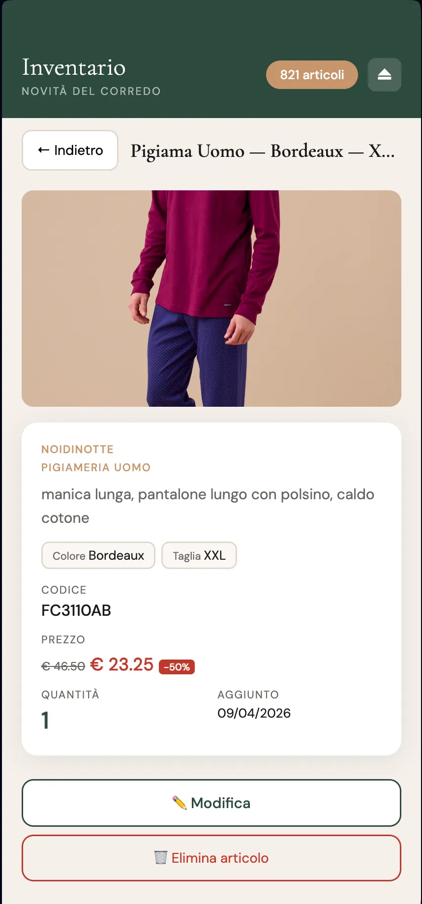 Scheda prodotto compilata automaticamente nella PWA: Pigiama Uomo Bordeaux con codice, prezzo scontato e quantità