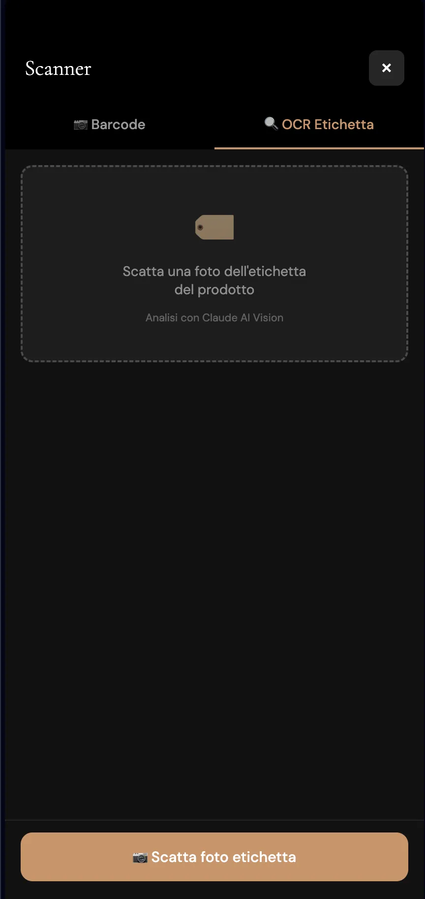 Scanner OCR nella PWA gestionale: tab 'OCR Etichetta' con area di acquisizione immagine e analisi Claude AI Vision